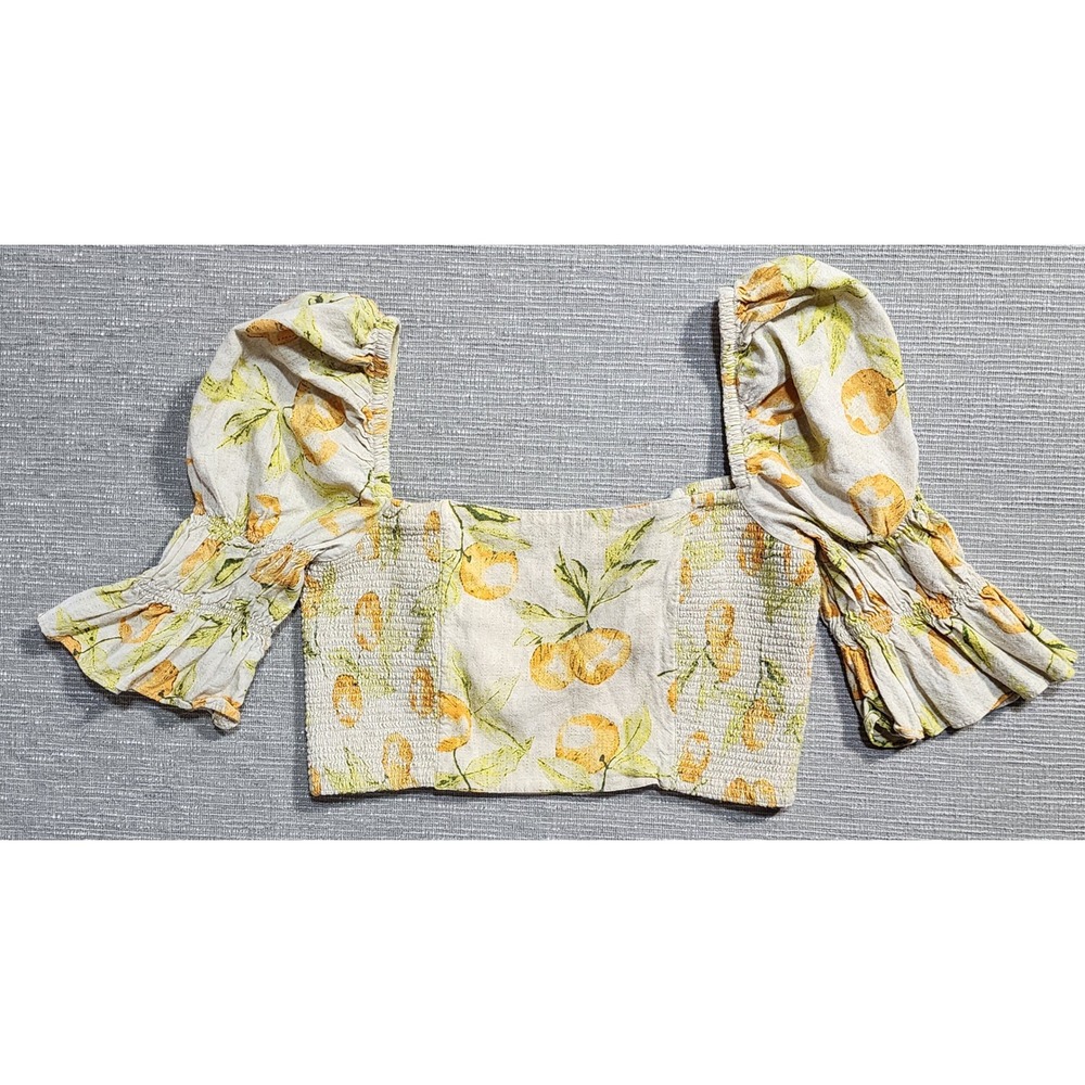 Urban Outfitters Orange Citrus Print Smocked Crop Top Puff Sleeve Linen Blend M - Picture 2 of 11